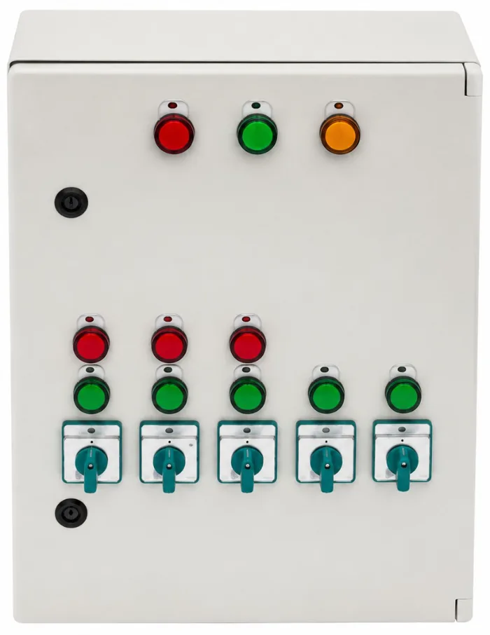 Front face of a Cometepool pool plant room control panel with fault and running indicator lamps and cam switches