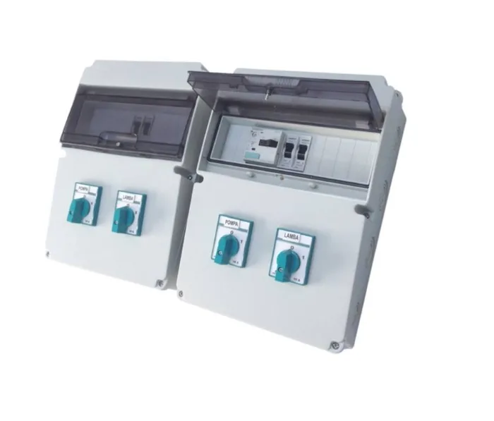 Villa type pool control panel with pump and light switches and a transparent-lidded breaker compartment