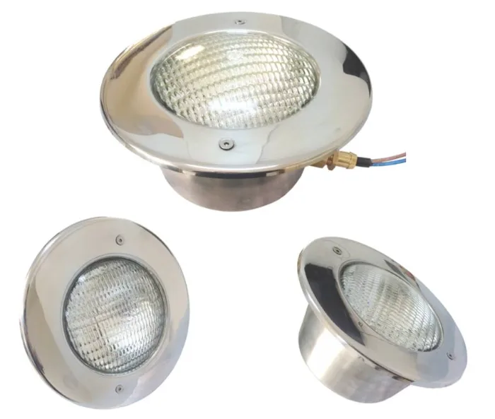 Complete stainless steel pool light — AISI 304 / AISI 316, three views