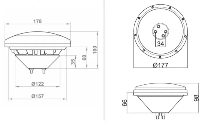 PAR56 LED pool light dimension drawing — Ø177 mm front ring, 98 mm depth