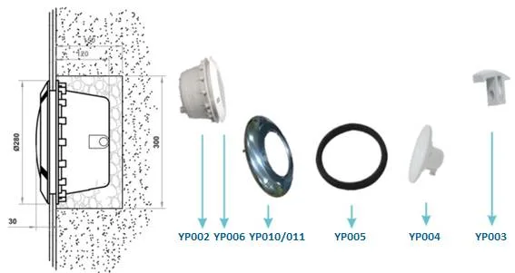 PAR56 lamp installation and parts diagram — niche, front ring, O-ring and inner housing