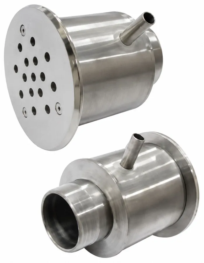 Stainless steel wall massage nozzle body — front grille and rear water/air connection
