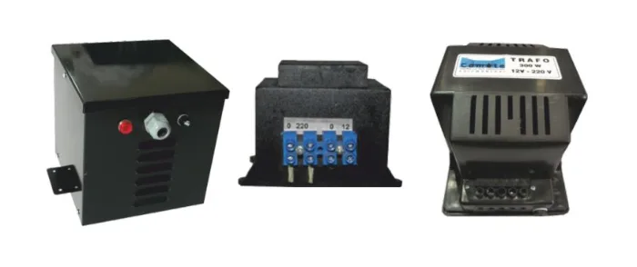 Cometepool pool lighting transformers — classic and insulated types in black plastic enclosures, 300 W 12 V / 220 V model