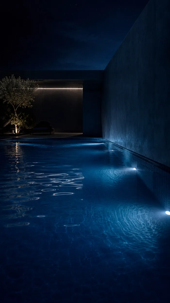Pool lit at night — 12 V underwater LED fittings powered by the transformer